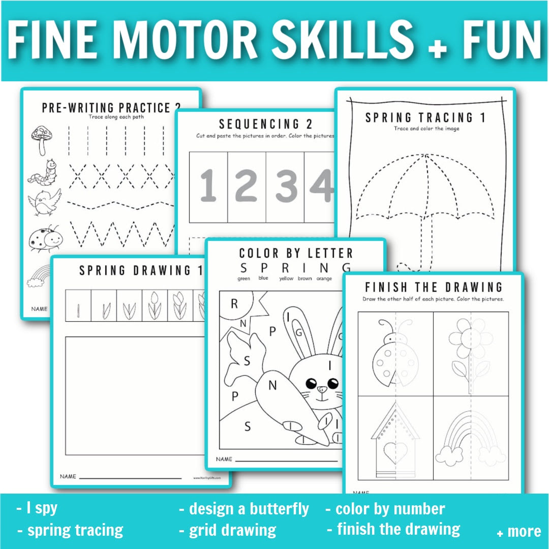 No prep spring preschool activities including fine motor skills and fun worksheets: pre-writing practice, sequencing, spring tracing, spring drawing, color by letter, finish the drawing and more