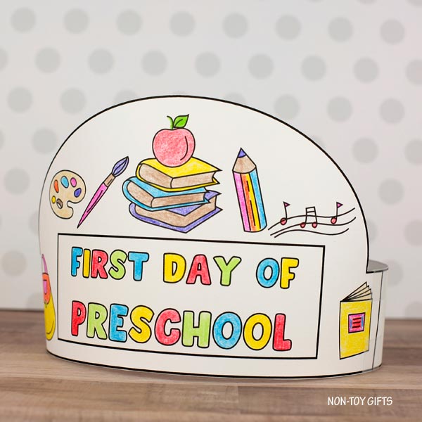 Coloring craft hat for preschoolers with school-themed illustrations – digital download