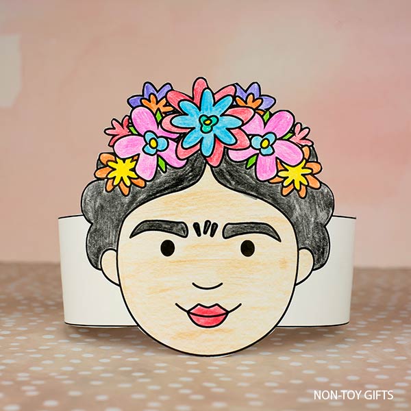 Coloring Frida Kahlo paper hat craft - an easy Mexican craft idea for kids