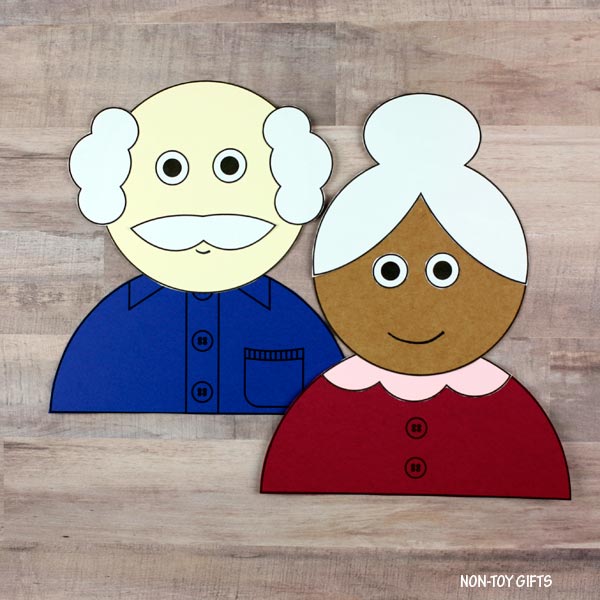 Grandparent’s Day craft printable showing paper cutout of grandma and grandpa with simple shapes, perfect for kids to color, cut, and assemble for school, homeschool, or gifts