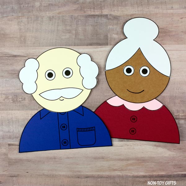 Printable Grandparent’s Day craft with cartoon-style grandma and grandpa paper templates. Easy activity for preschool, classroom, homeschool, or handmade grandparent gifts
