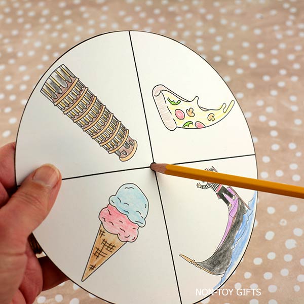 Black and white Italy spinner worksheet for coloring and cutting