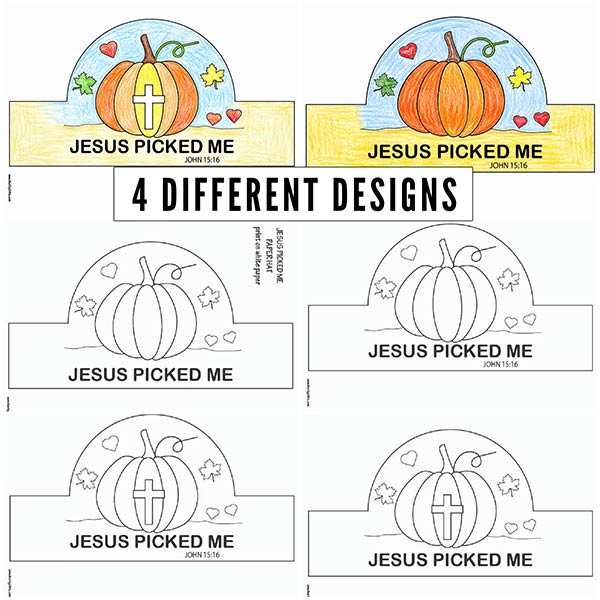 Christian fall printable craft with pumpkin hat templates and Bible message “Jesus Picked Me.” Fun autumn Sunday School activity for preschool and elementary students to color, cut, and assemble.