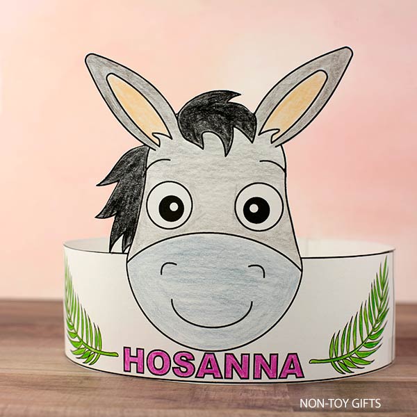 DIY coloring Palm SUnday donkey paper hat craft printable for kids