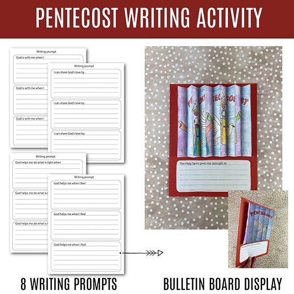 Holy Spirit Bible craft printable showing Pentecost agamograph project with writing prompts for bulletin board display