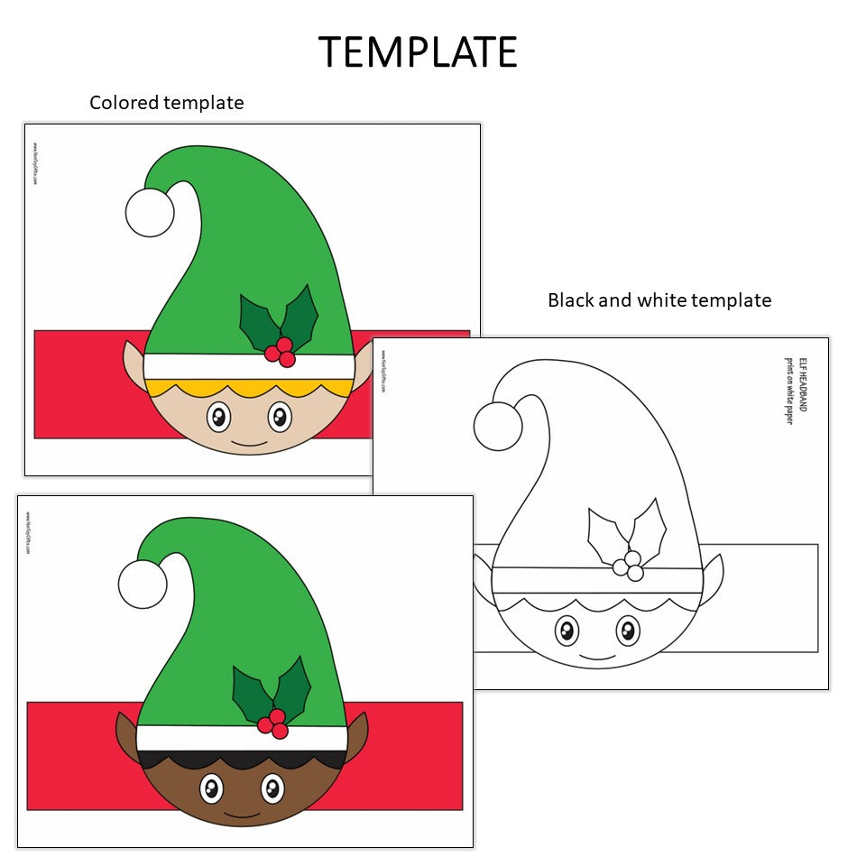 Christmas elf headband printable craft. Perfect holiday craft for preschool and kindergarten students. Quick paper activity with coloring and full-color options.