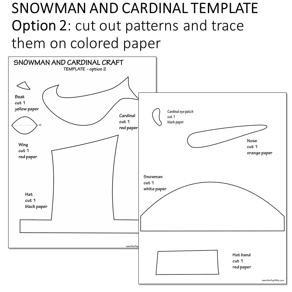 Cut-and-glue snowman and cardinal printable craft for kids