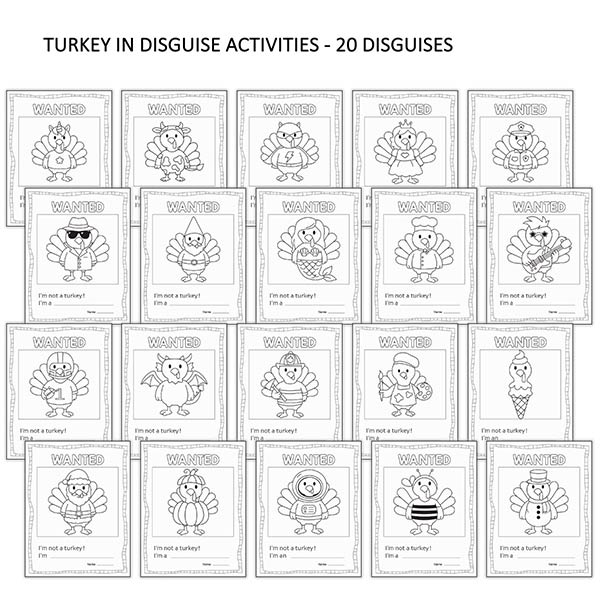 Turkey in Disguise packet with fill-in-the-blank worksheets and 20 different disguise choices