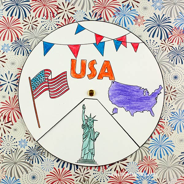 USA spinner craft printable with the Statie of Liberty