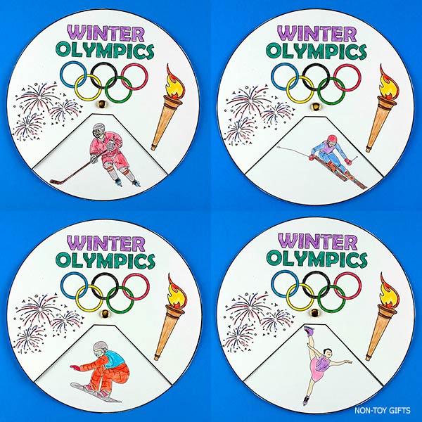 DIY Winter Olympics spinner craft with torch and Olympic rings design. Perfect printable activity for classrooms, homeschool lessons, or family craft time.