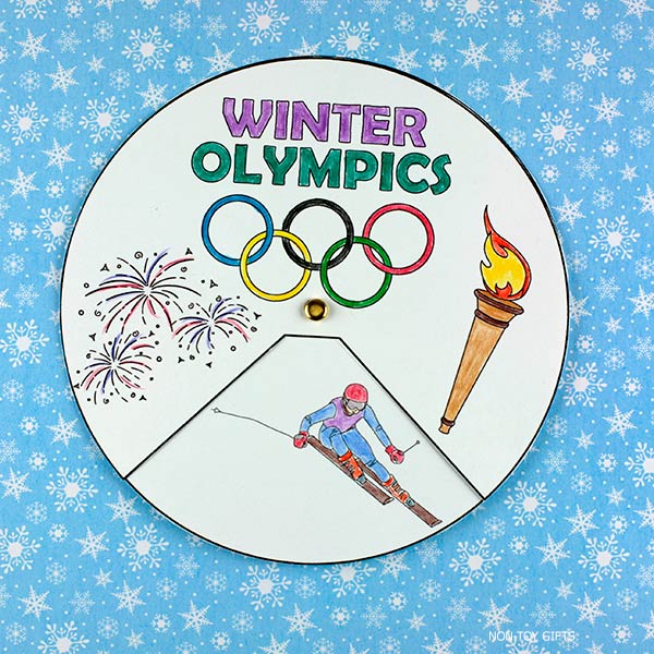 Printable Winter Olympics spinner craft for kids featuring sports like hockey, skiing, snowboarding, and figure skating. Fun classroom and homeschool activity.