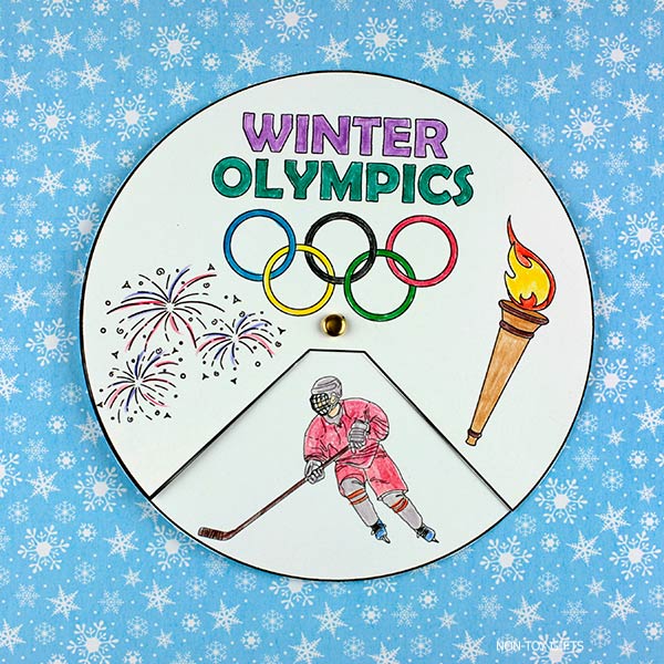 Winter Olympics spinner digital download. Interactive printable craft for children to learn about Olympic sports while coloring and assembling their own spinner.