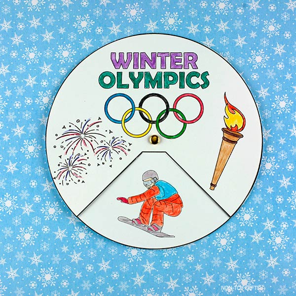 Educational Winter Olympics craft for kids. Teachers and parents can use this printable spinner to introduce sportsmanship, teamwork, and Olympic traditions.