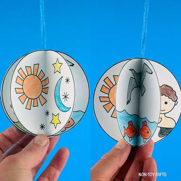 7 Days of Creation craft printable for kids showing colored Bible story circles for each day of God’s creation.