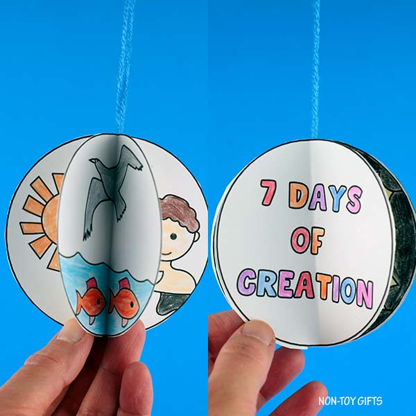 Christian 3D Creation Story craft for preschoolers with sun, moon, fish, and people illustrations to color and assemble.