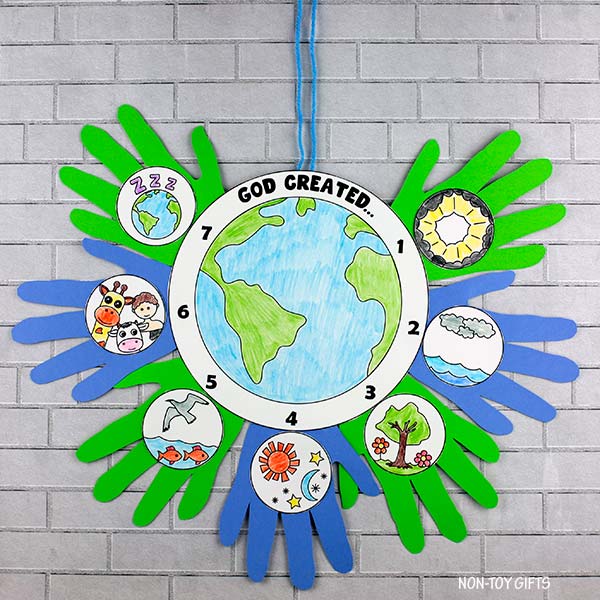 Creation Story handprint craft printable showing the 7 days of Creation with colorful handprints and Bible illustrations for kids