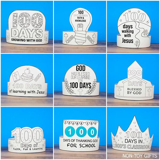 Catholic 100 Days of School paper hats printable with faith-based messages for elementary classrooms and homeschool celebrations