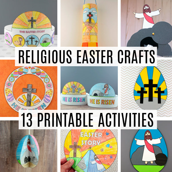 Religious Easter crafts printable bundle with He Is Risen crafts, Easter story spinner, and Christian Easter activities for kids.