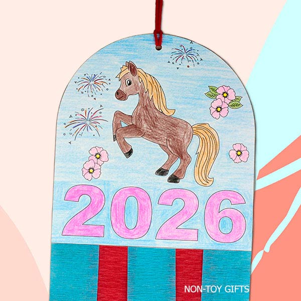 Printable Lunar New Year horse decoration colored and assembled as a hanging craft