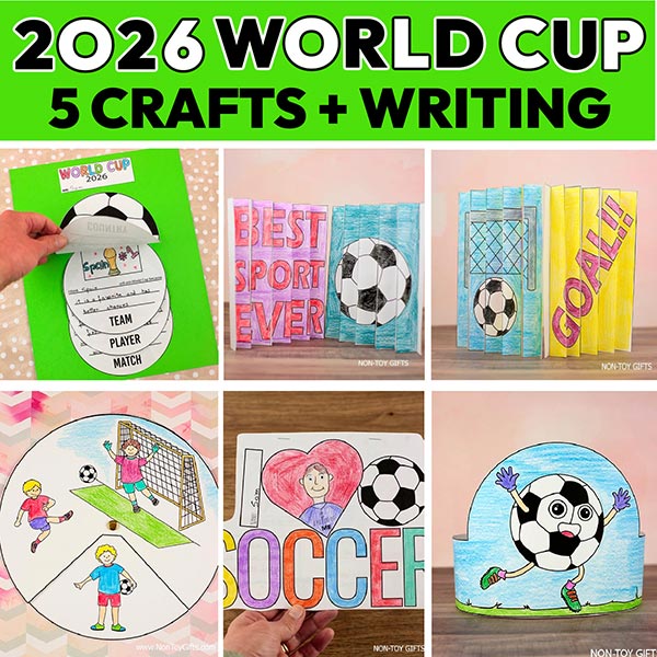 2026 World Cup soccer craft bundle printable for kids featuring spinner craft, writing activities, agamographs, and headband craft, perfect for elementary classroom, homeschool, and sports-themed learning activities