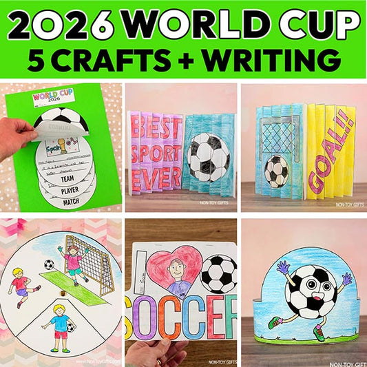 2026 World Cup soccer craft bundle printable for kids featuring spinner craft, writing activities, agamographs, and headband craft, perfect for elementary classroom, homeschool, and sports-themed learning activities
