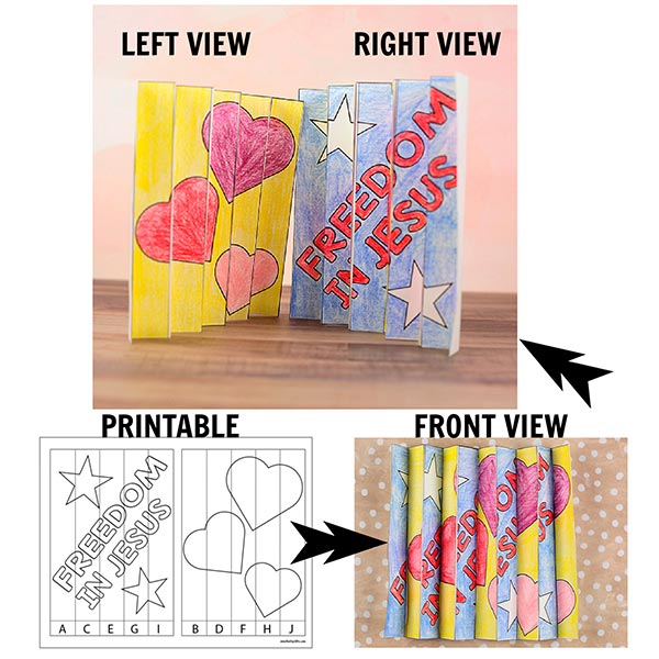 Faith-based 4th of July printable activity for kids including patriotic agamographs, coloring crafts, and Christian writing prompts for classrooms and church.