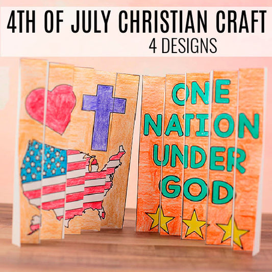 Printable 4th of July Christian agamograph craft for kids featuring patriotic Bible messages and interactive folding art activity for Sunday School and homeschool learning.
