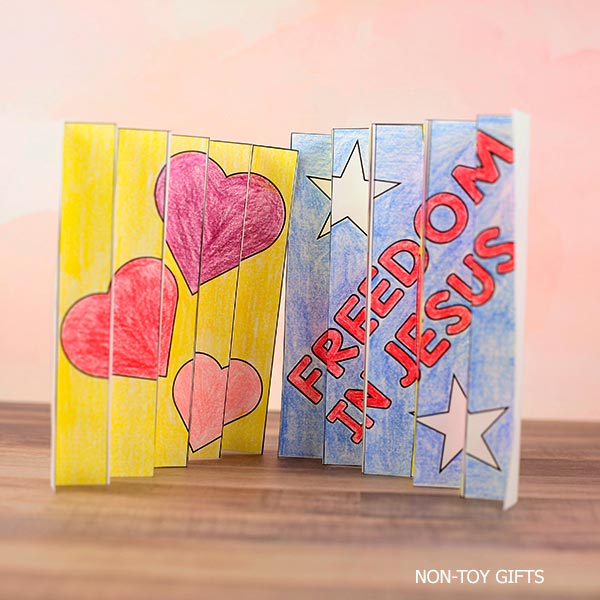 4th of July Bible craft printable featuring “Freedom in Jesus” agamograph activity with patriotic stars, hearts, and coloring pages for kids church.