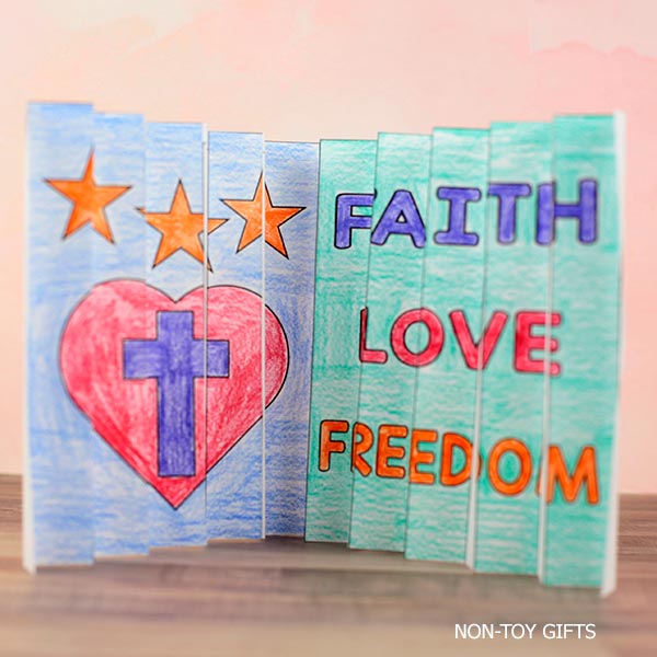 Interactive patriotic agamograph craft for kids with Christian faith themes, printable coloring pages, and reflective writing prompts for summer learning.