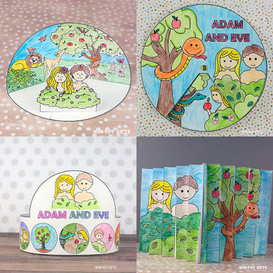 Adam and Eve printable craft bundle for kids featuring four Bible story activities—diorama, wheel, headband, and agamograph