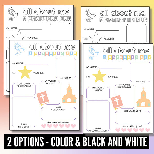 Catholic printable activity page featuring self-portrait space and questions about saints and prayers.