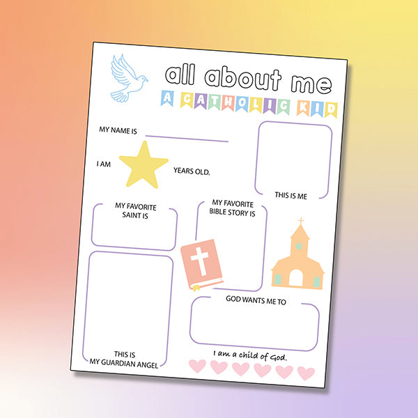 All About Me Catholic worksheet for kids with prompts to draw and write about faith.