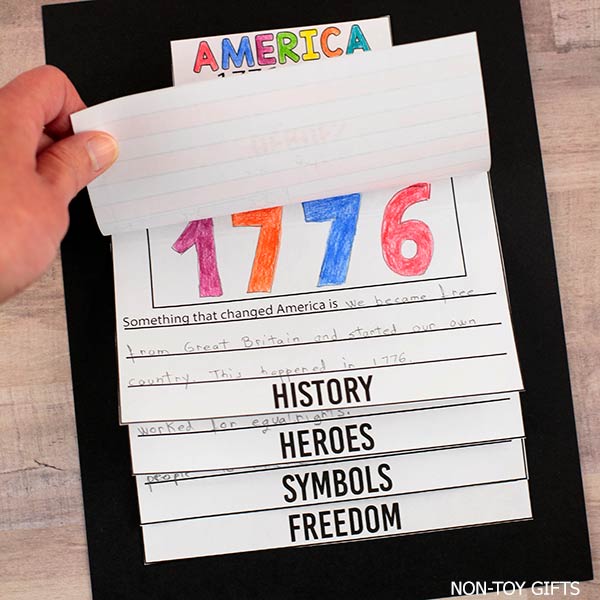 patriotic kids craft flip book America 250 printable with US history heroes symbols and freedom prompts