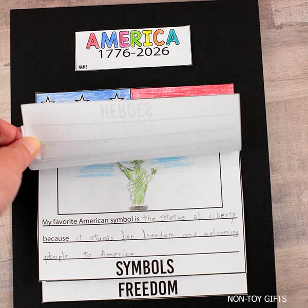 homeschool 4th of July activity printable America 250 craft with layered writing pages and patriotic theme