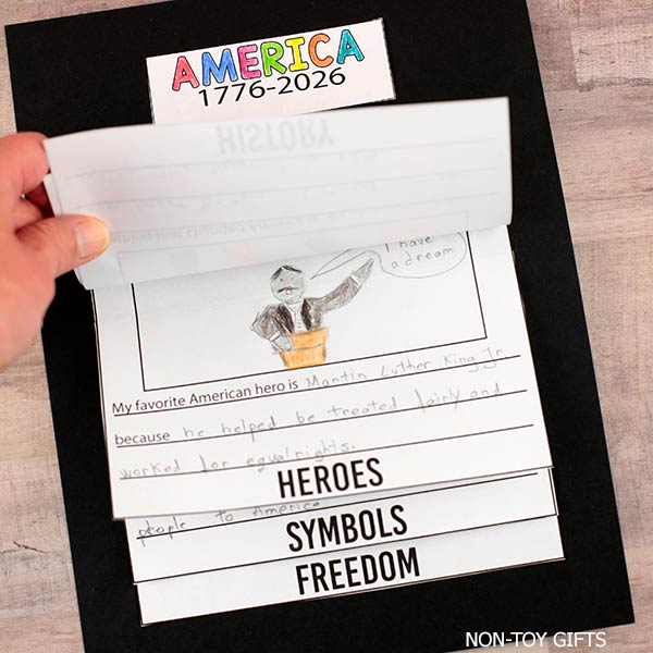 summer learning patriotic craft for kids America 250 flip craft printable with writing prompts and coloring