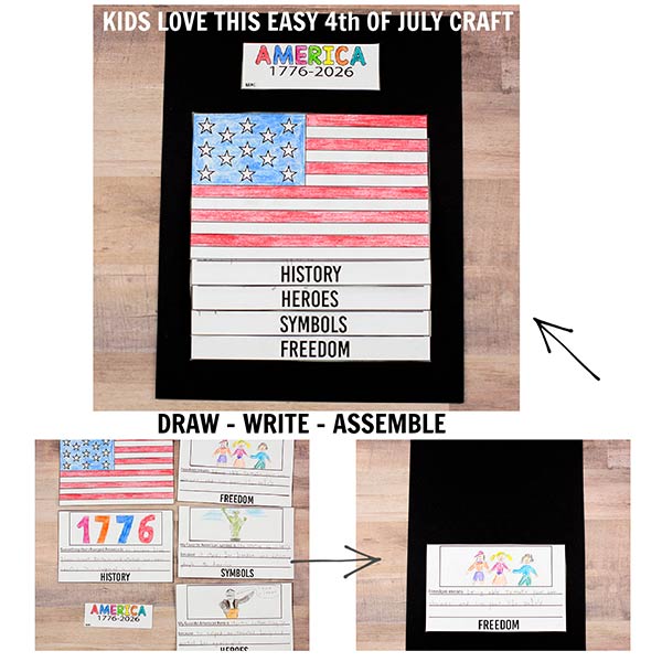 4th of July kids craft printable 1776 2026 America 250 writing and drawing activity for elementary students