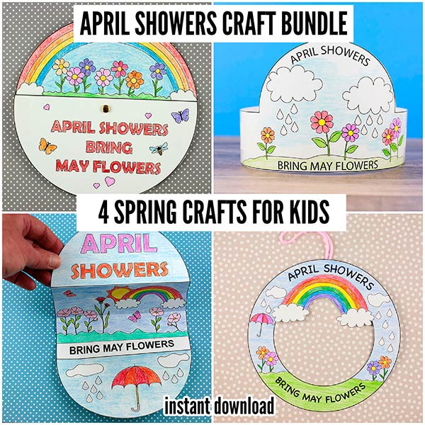 April Showers craft bundle printable with 4 easy spring activities for kids including folded craft, spinner, wreath, and hat, no prep instant download for home or classroom