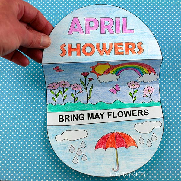 No prep spring craft for kids April Showers printable activity with fold reveal design, perfect for rainy day, classroom centers or homeschool