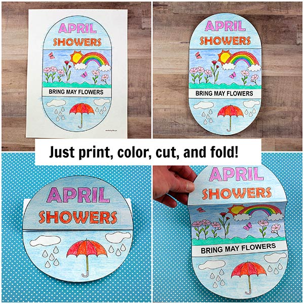 Spring craft printable April Showers Bring May Flowers kids activity with coloring cutting and folding steps, no prep classroom or homeschool craft