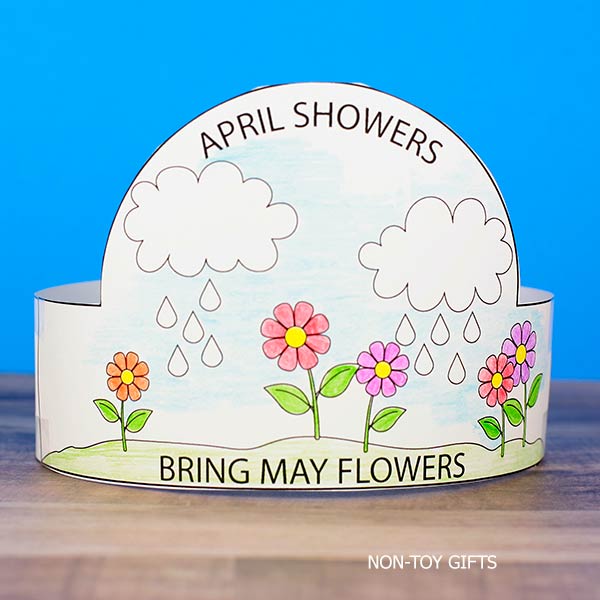 Spring paper hat headband with clouds and flowers, printable weather craft for kids
