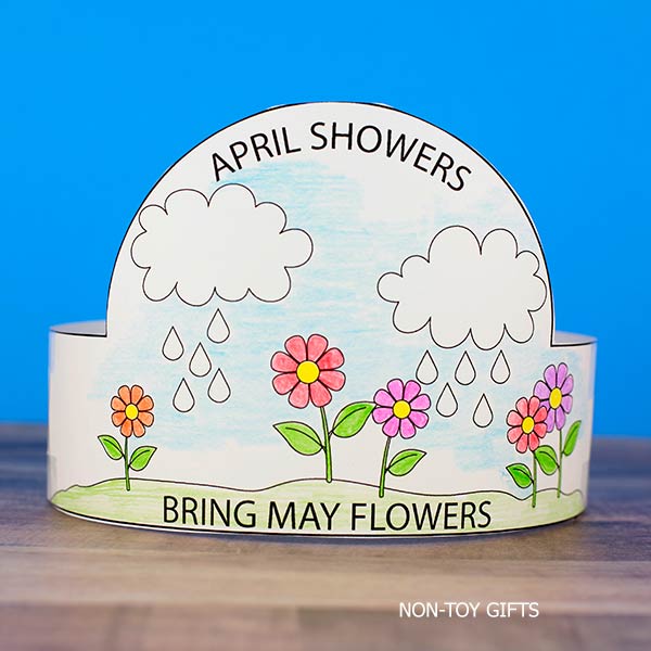 April Showers Bring May Flowers paper hat printable, spring headband craft for kids
