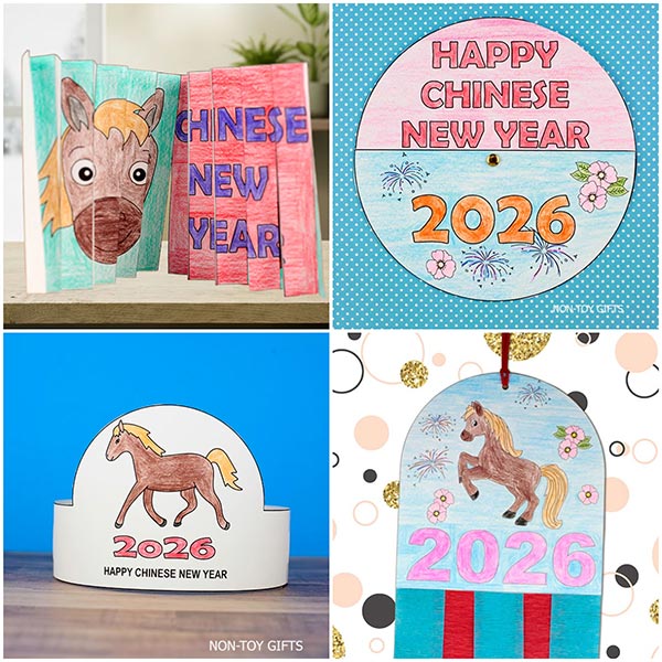 Chinese New Year 2026 Year of the Horse printable crafts for kids featuring agamograph, paper hat, spinner and decoration