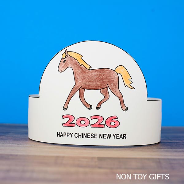 Chinese New Year horse paper hat printable showing a finished wearable headband for Lunar New Year 2026
