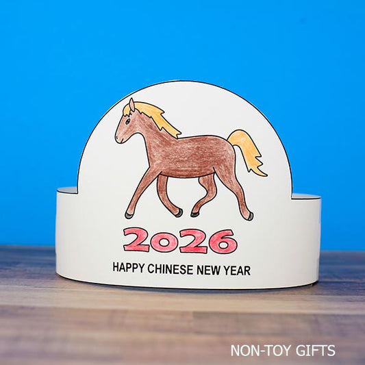 Chinese New Year horse paper hat printable showing a finished wearable headband for Lunar New Year 2026