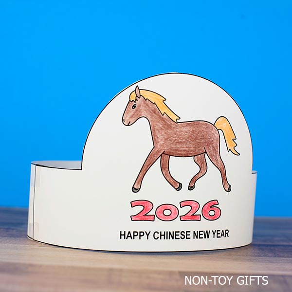 Printable Year of the Horse paper hat craft colored and assembled for Chinese New Year
