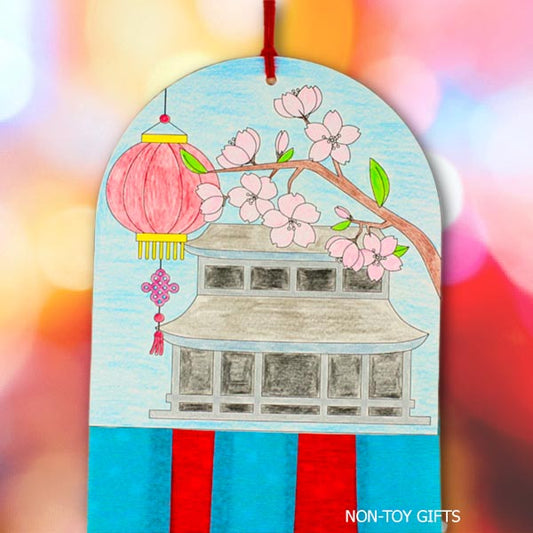 Chinese New Year decoration craft printable for kids featuring lantern and blossoms