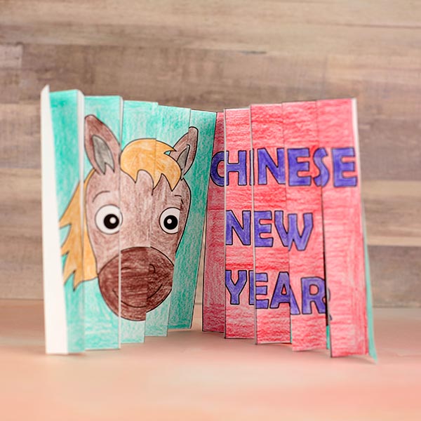 Lunar New Year horse agamograph paper craft assembled and folded to reveal two images