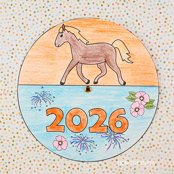 Chinese New Year horse spinner printable showing a rotating paper craft for Lunar New Year 2026