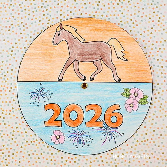 Chinese New Year horse spinner printable showing a rotating paper craft for Lunar New Year 2026