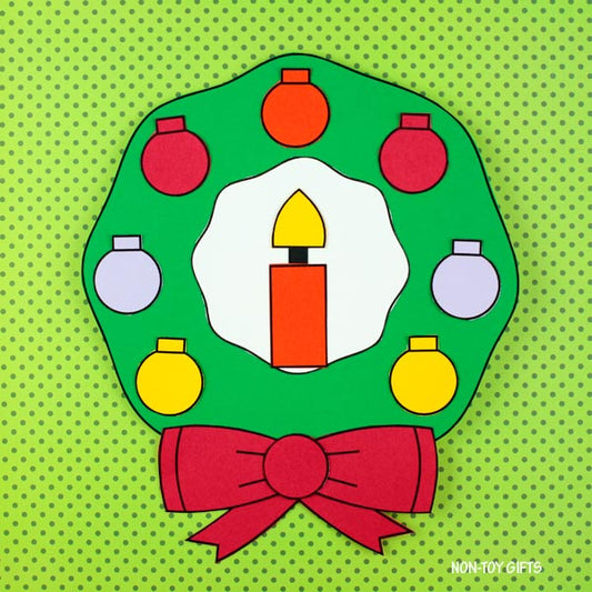 Printable Christmas wreath craft for kids with candle, bow, and decorations template